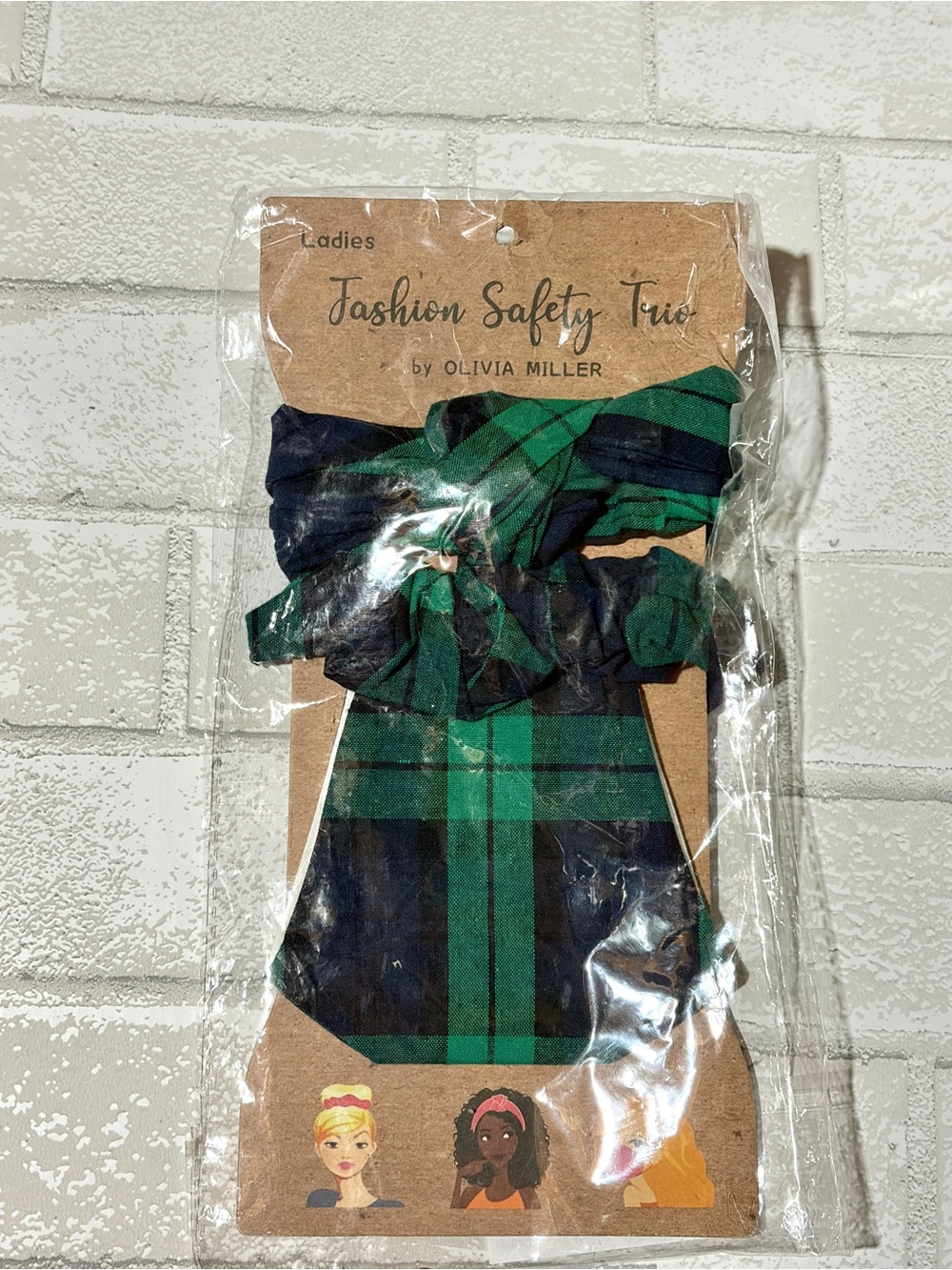 Olivia Miller Green & Navy Plaid Fashion Safety Trio Mask Headband Scrunchie NEW